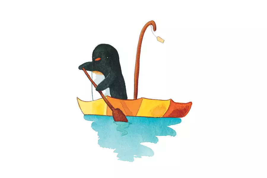 An illustration from Lost and Found by Oliver Jeffers of a penguin in an umbrella