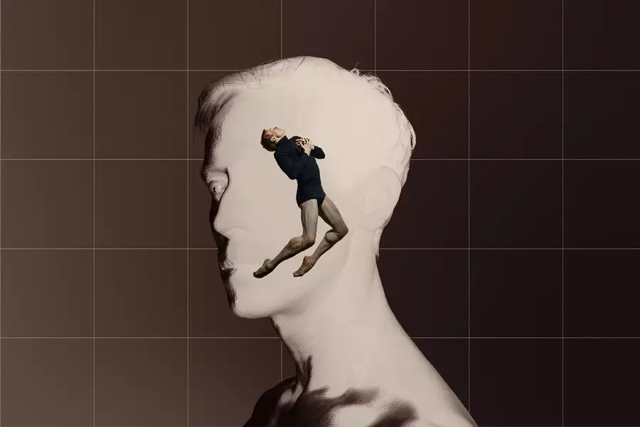 A digital collage features a grayscale side profile of a man's face, with a dancer emerging from within, positioned in a dramatic pose. The background is divided into a warm brown and a grid-like structure, enhancing the contrast between the two figures.