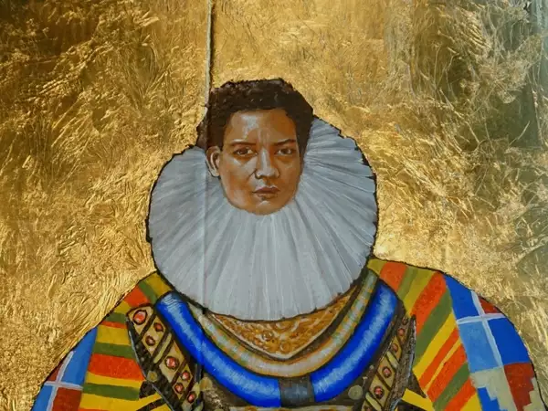 A portrait painting of a Black queen wearing a mixture of traditional European Tudor dress and West African prints