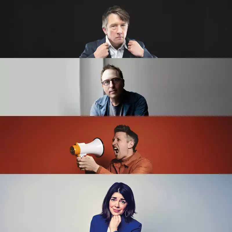 Comedians Jon Ronson, Rosie Holt, Stuart Goldsmith and Jonathan Pie