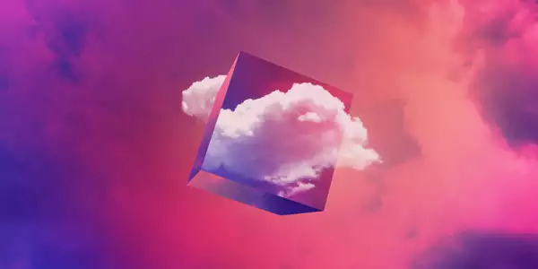 Dream Space podcast artwork, a transparent cube in front of purple hazed clouds.