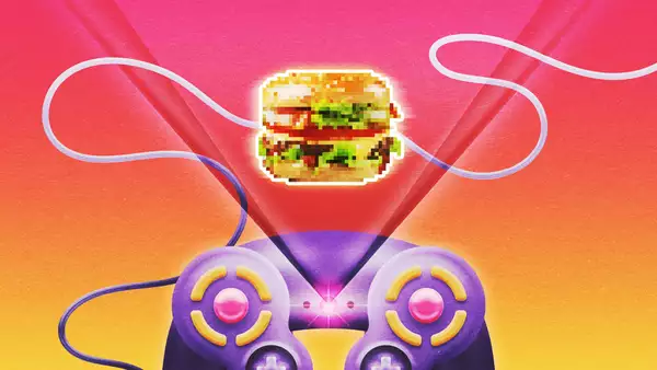 Illustration of a purple video game controller and a hamburger – on a yellow and pink gradient background