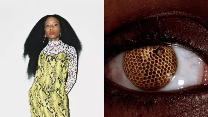 The image shows a side-by-side composition. On the left is a photo of Jenn Nkiru wearing a patterned high-neck top layered with a yellow snakeskin dress. On the right, there is an extreme close-up of an eye, with a honeycomb texture replacing the iris.