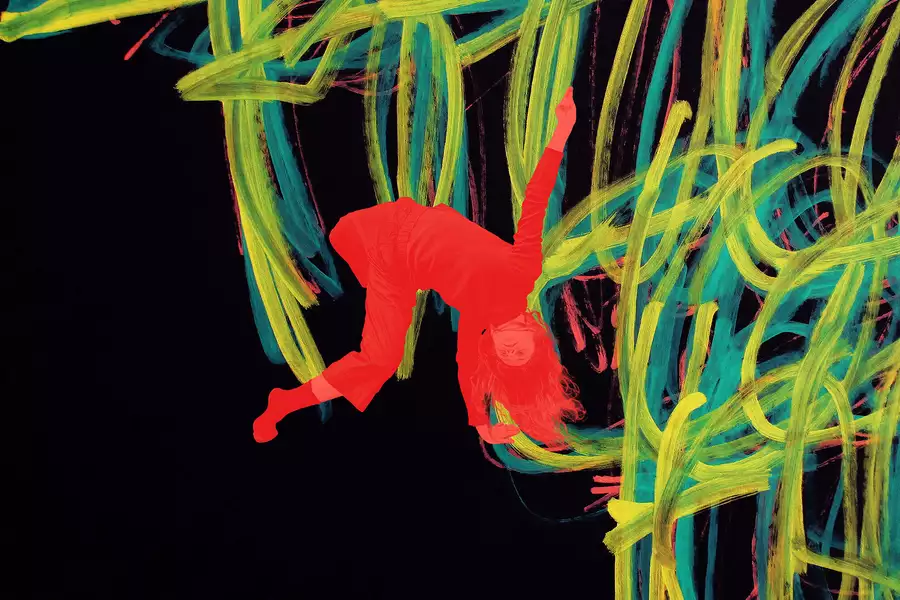 A painting by Michael Beard showing yellow, red and blue lines on a black background. There is a red image of a dancer upside down overlayed on the painting.