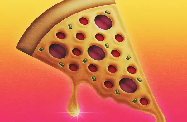 Illustration of a pizza with cheese dripping off it – on a yellow and pink gradient background