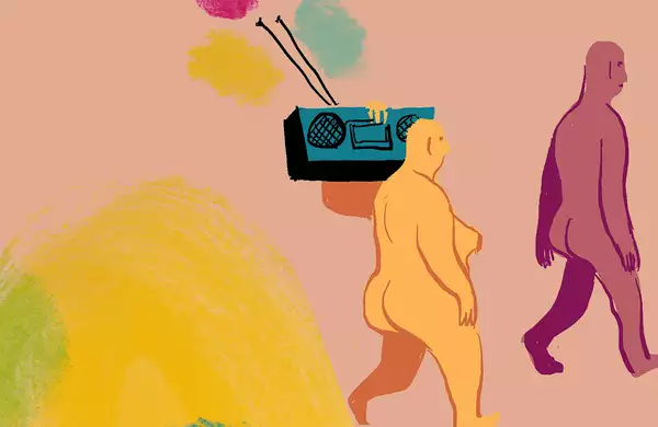 An illustration by Eleanor Davis showing two nude characters walking to the right of the frame. The character on the left holds a boombox on their shoulder.