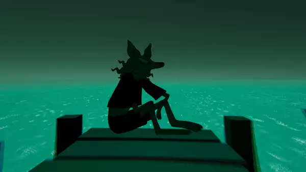 A screenshot by Paloma Dawkins, showing a wolf character in Songs Of The Lost sitting on the edge of a dock at night.