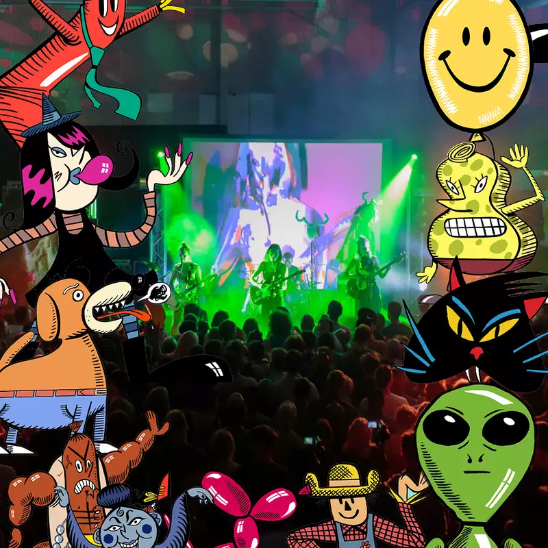 A lively concert scene with a green-lit stage and a band performing in front of a large crowd is overlaid with colourful, cartoon-style characters including a witch, alien and balloon animal.