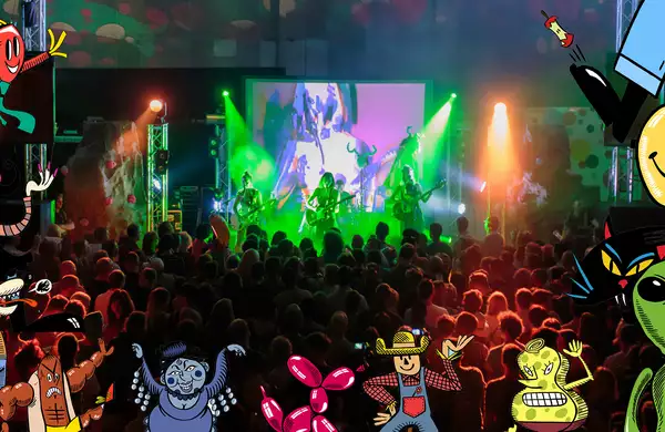 A lively concert scene with a green-lit stage and a band performing in front of a large crowd is overlaid with colourful, cartoon-style characters including a witch, alien and balloon animal.