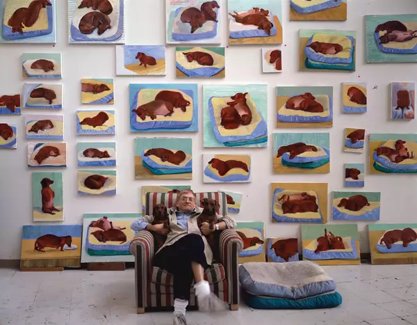 David Hockney sat on a striped arm chair with his two dogs. The wall behind him is filled with his paintings of the dogs.