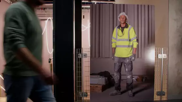 A person walking past a Ming de Nasty portrait of an Aviva Studios worker in a hardhat