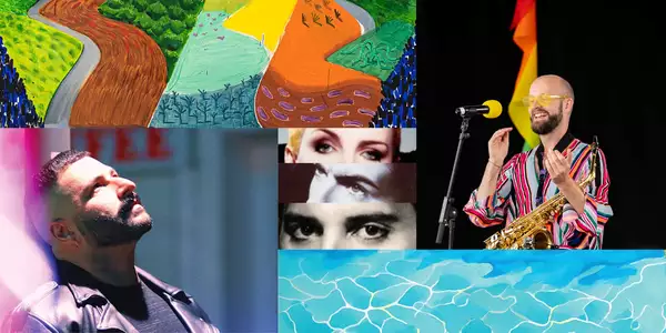 A vibrant collage featuring colourful abstract art, a pattern and two people. Jamsheed Master gazes upward in soft lighting, wearing a leather jacket. Venn Smyth performs onstage with a saxophone, yellow heart-shaped sunglasses and a striped outfit, smiling brightly with a rainbow flag in the background.