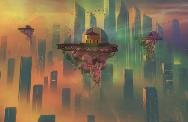 A futuristic cityscape with towering skyscrapers in warm orange-pink hues. Floating platforms resembling flying saucers hover above the city. One shows the Manchester pub Peveril of the Peak. The platforms are upheld by jellyfish-like formations with tendrils dangling beneath. Swarms of birds fly around the scene.